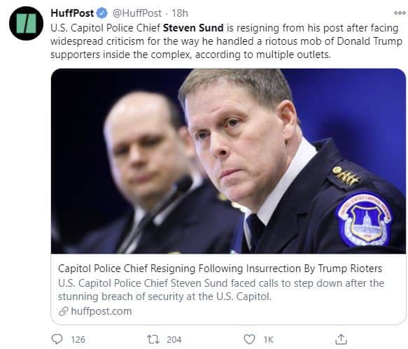 Steven A. Sund, Capitol Police Chief, resigns as a result of mishandling the pro-Trump mob