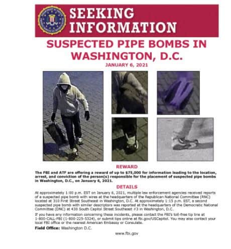 FBI offers $75G reward for information on suspect who left pipe bombs in DC