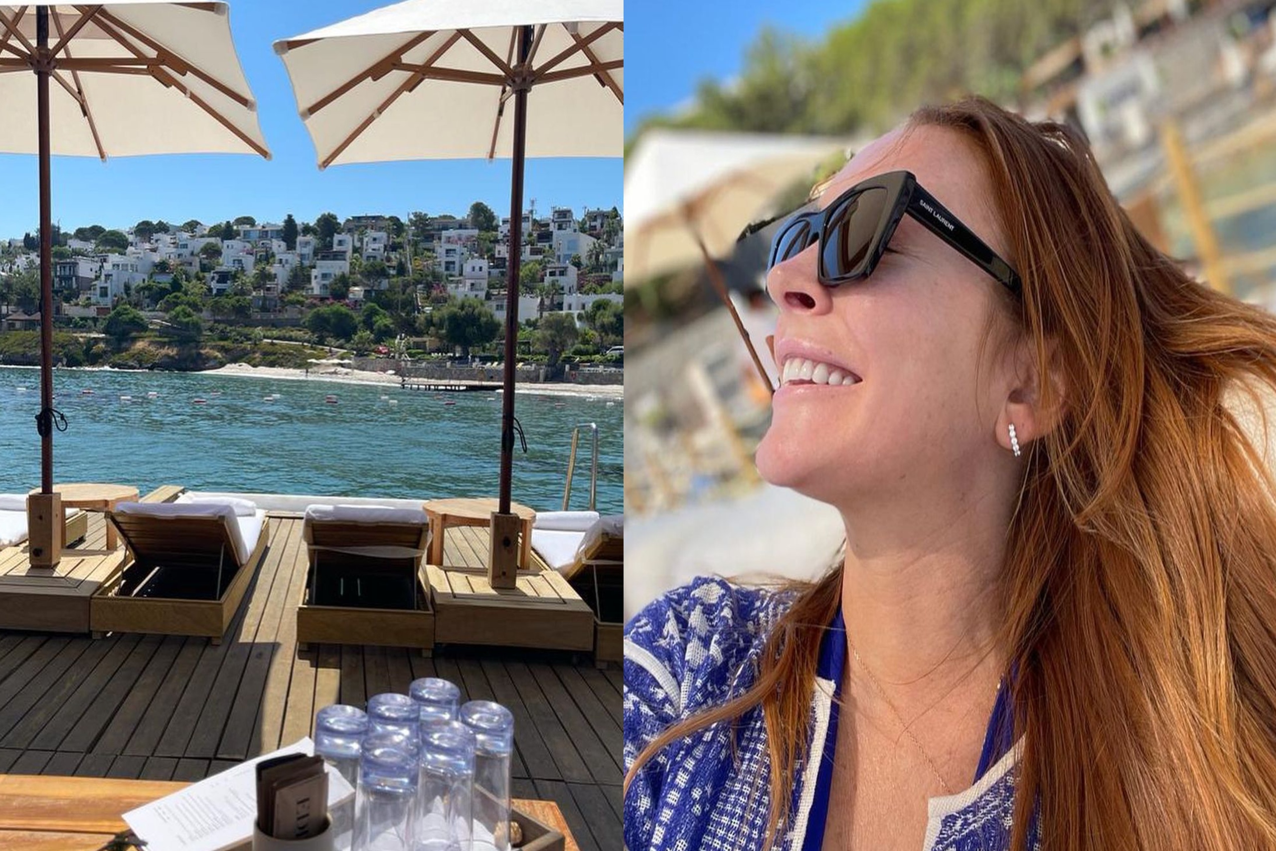 Celebrity Lindsay Lohan Sunbathes in Blue Bikini on Trip