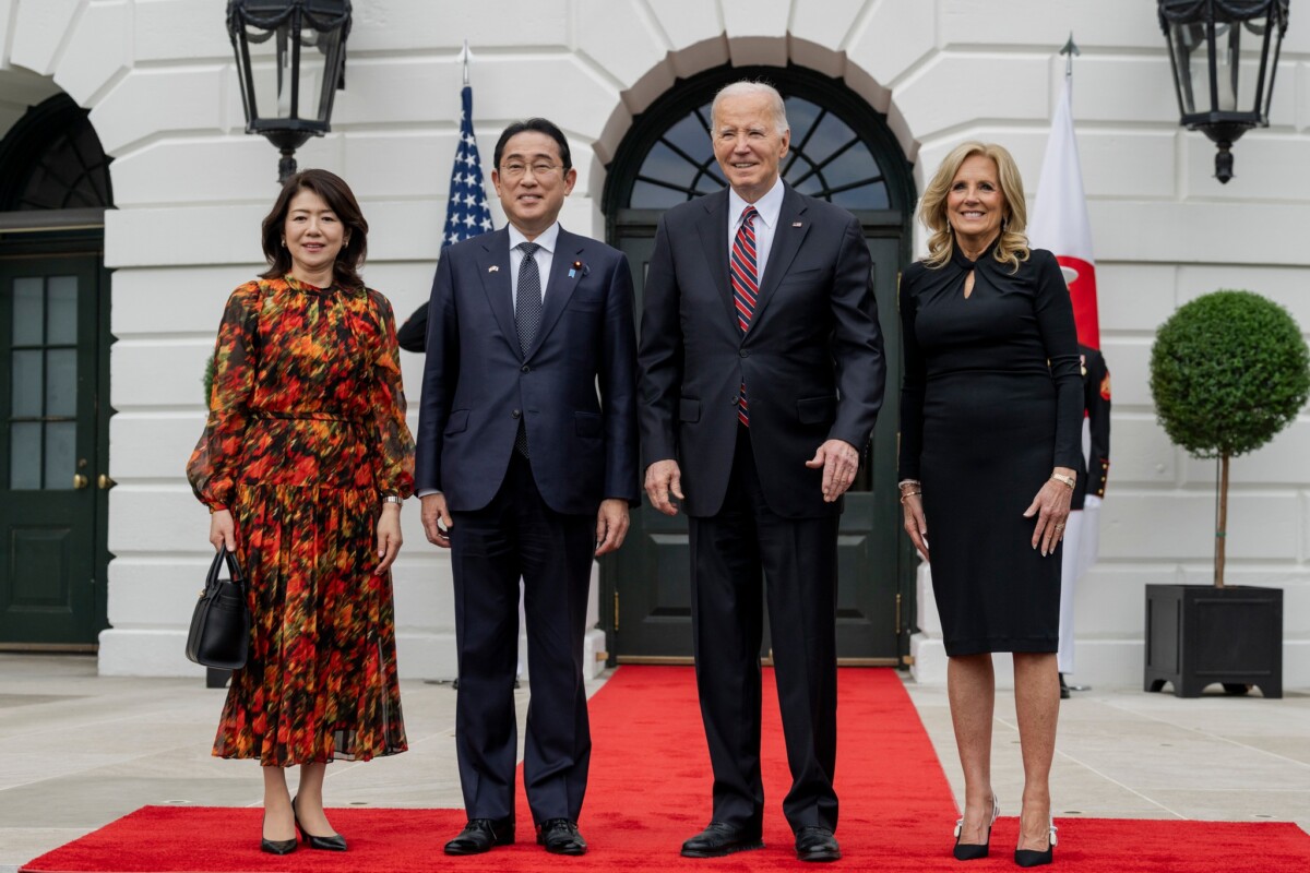 President Joe Biden and First Lady Jill Biden greet Japanese Prime Minister Fumio Kishida and his wife Yuko Kishida