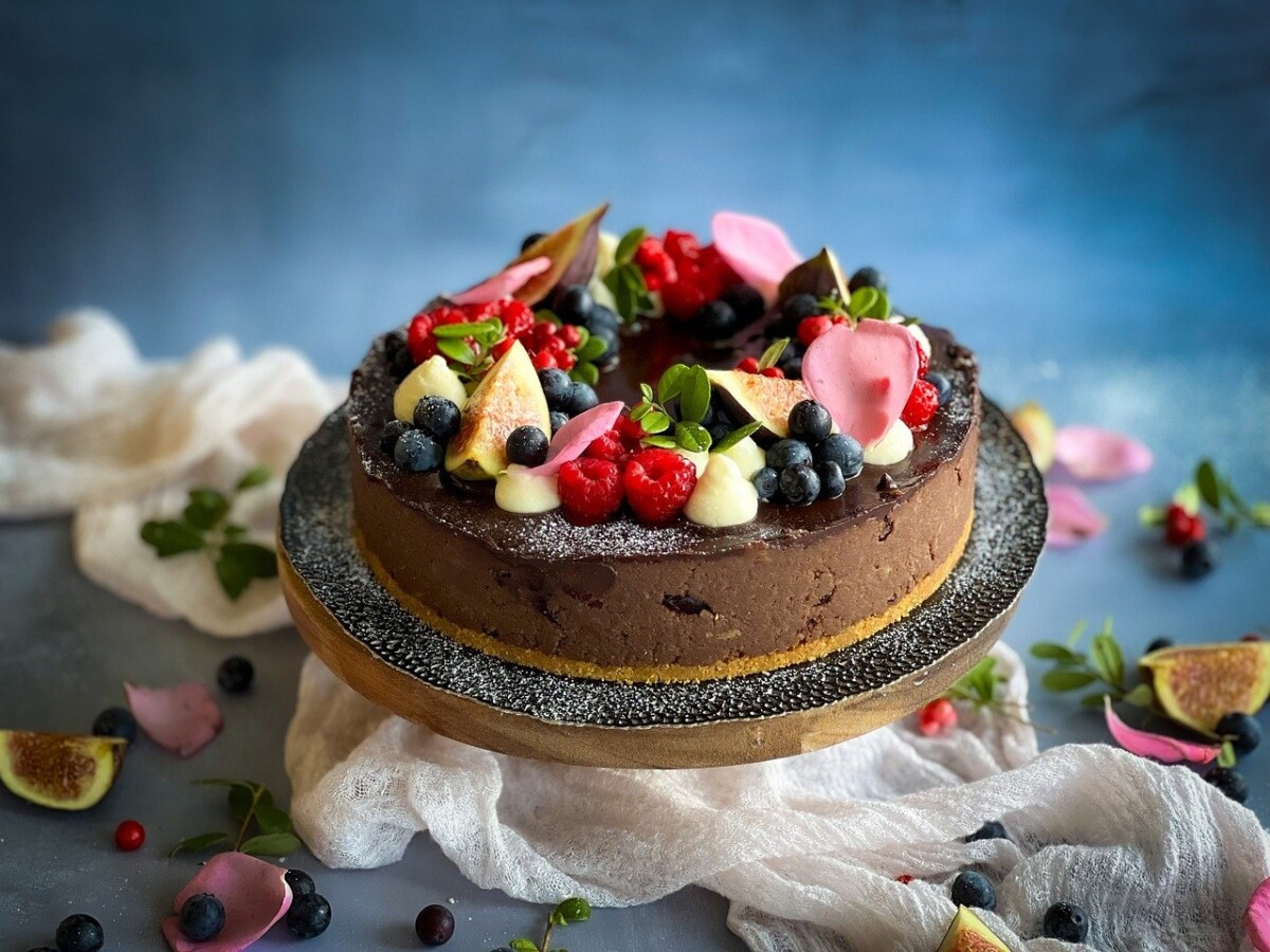 Decadent Chocolate Soufflé Cake with Mixed Berries on Top and a Grenache Crust Recipe by CWEB