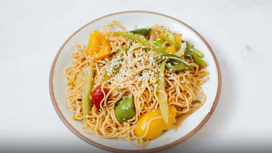Asian Rice Noodles with Red, Green, and Yellow Peppers in Light Hoisin Sesame Sauce CWEB Recipe