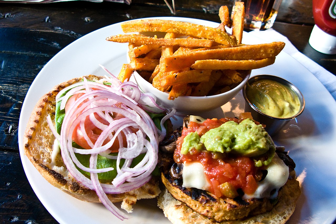 Veggie Guacamole Burger paired with Sweet Potato Fries Recipe by CWEB